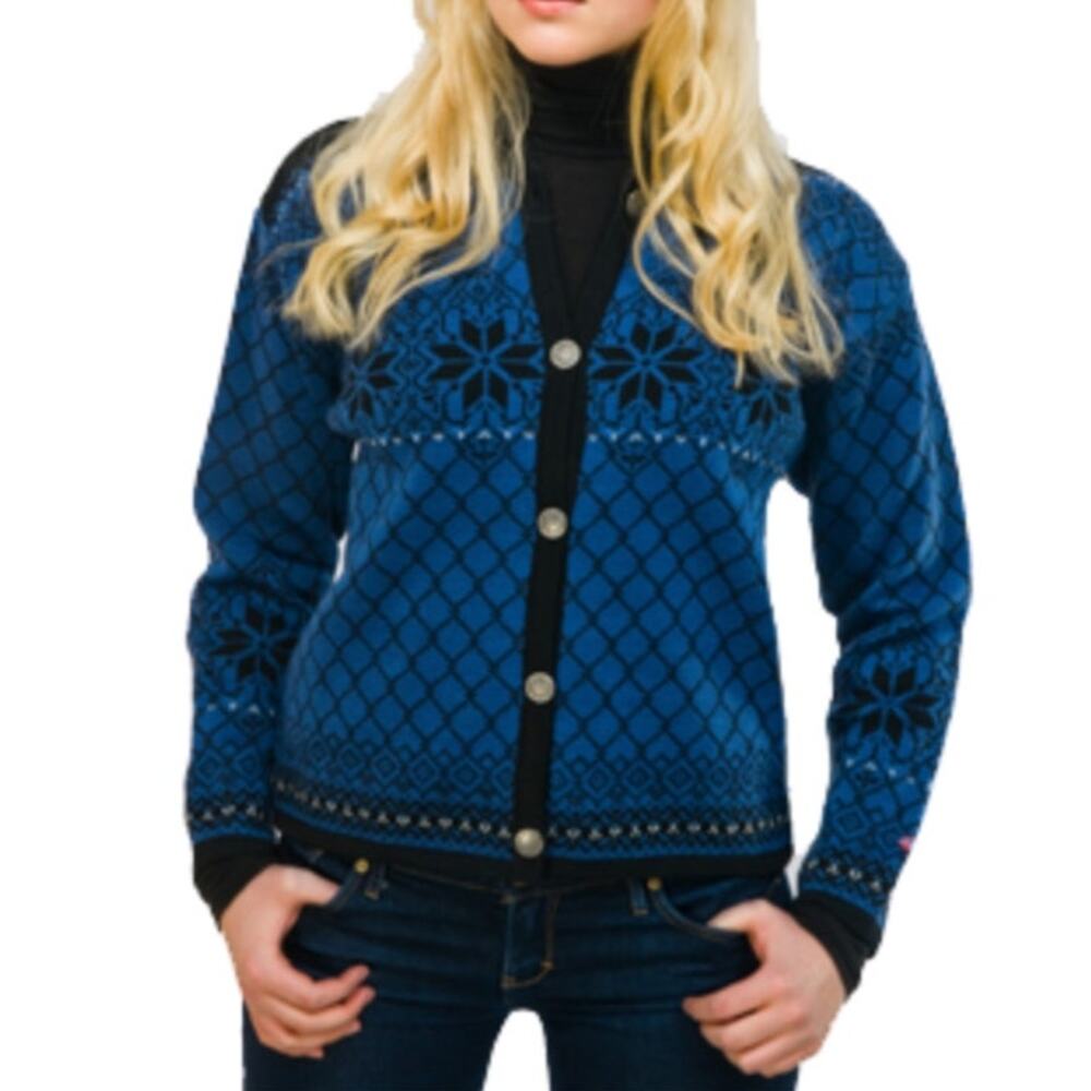 Norskwear Blue Black 100% Wool Norwegian Cardigan Large Nordic Print Sweater